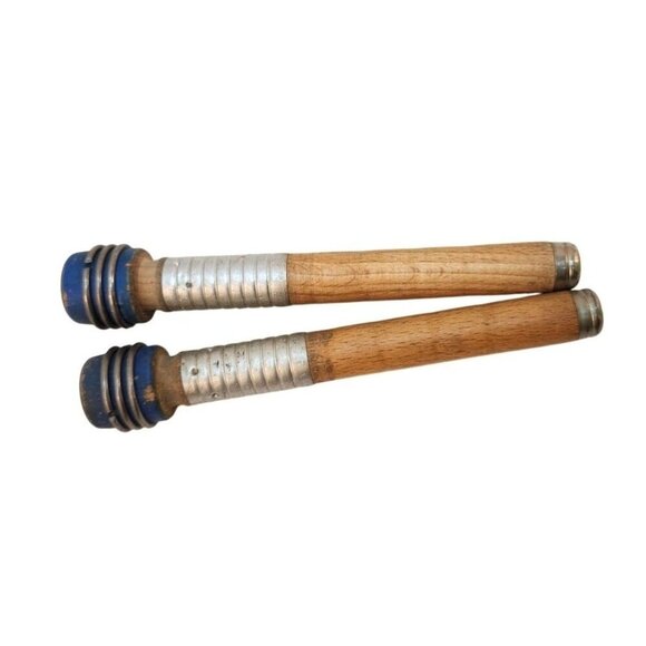 Vintage Wooden & Metal Weaving Bobbins With Blue Tips Set Of 2 Primitive country - Picture 6 of 6